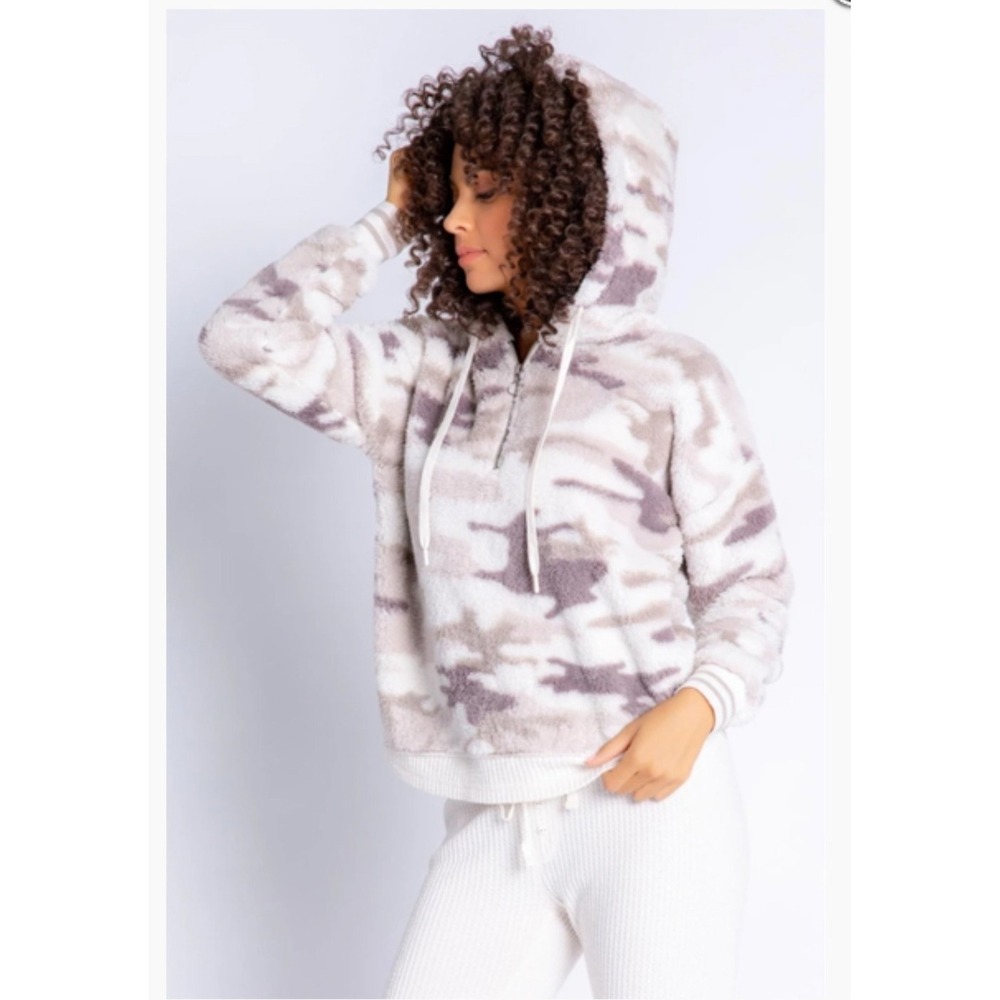 PJ Salvage Plush Neutral Camouflage Half Zip‎ Hoodie Cozy Loungewear Women Small